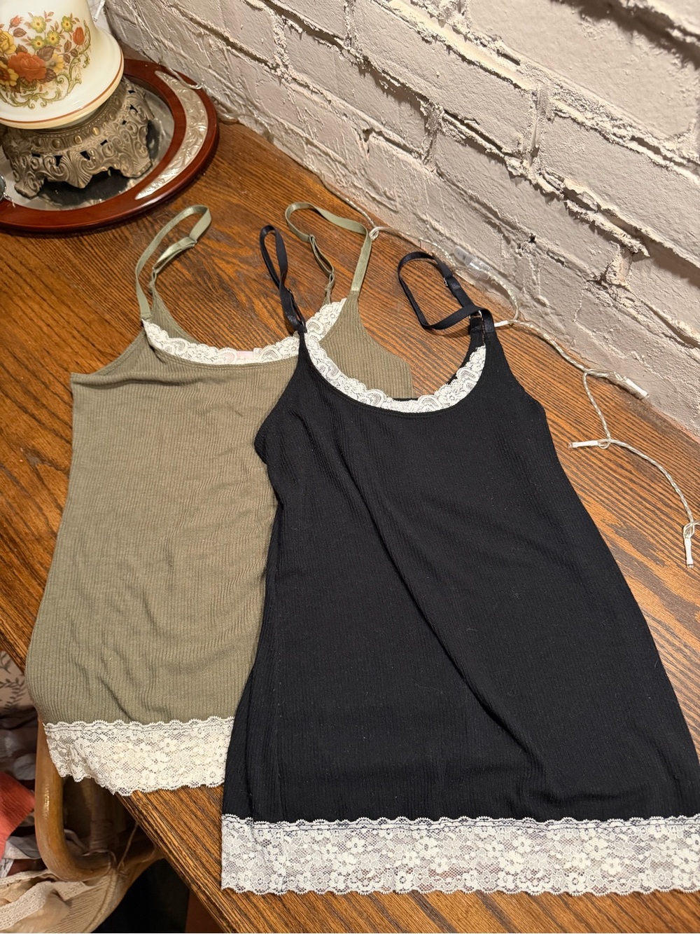 Urban Outfitters Olive Green and Black Lace-Trim Ribbed Camisoles